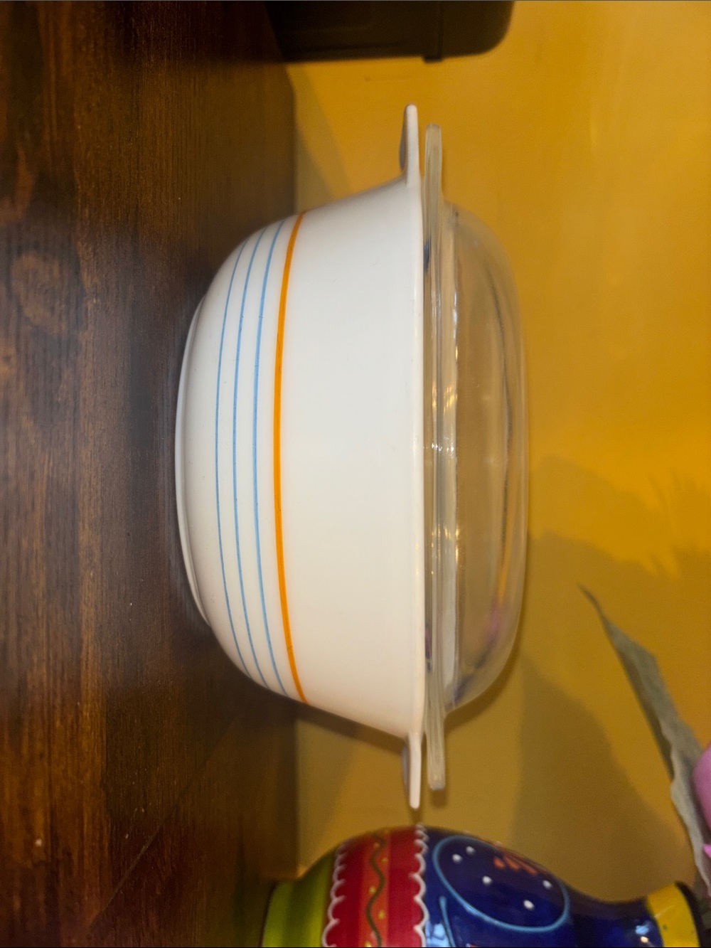 Pyrex White Ceramic Bowl with Blue and Orange Stripes and Clear Lid